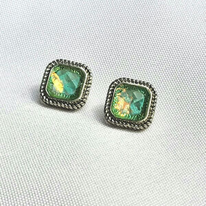Napier Green White Cabochon Square .5 inch Post Earrings Vintage 1970s